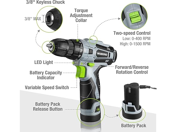 WORKPRO 12V Cordless Drill Driver Kit