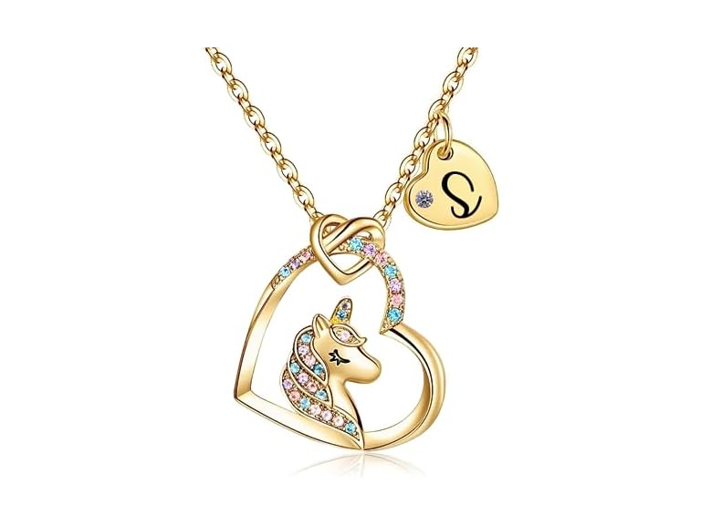 Rucher Unicorn Necklace for Girls Kids with Personalized Initial Heart Pendant, 18K Gold Fashion Jewelry for Girls, Colorful Heart Necklace for Birthday Gifts.
