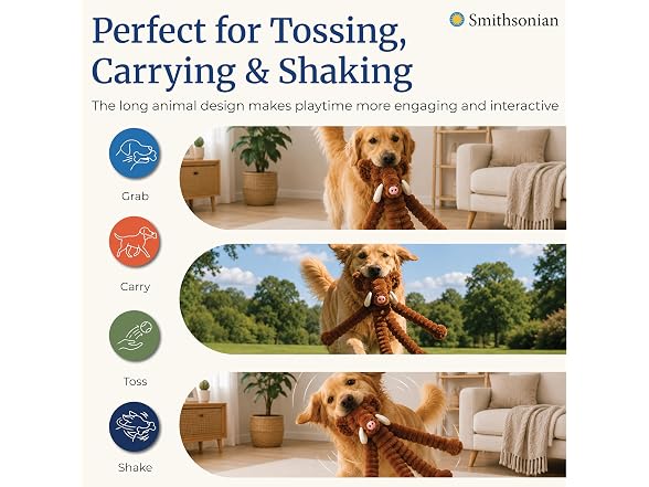 Smithsonian Long Animals Dog Toy – Stuffing-Free Mammoth