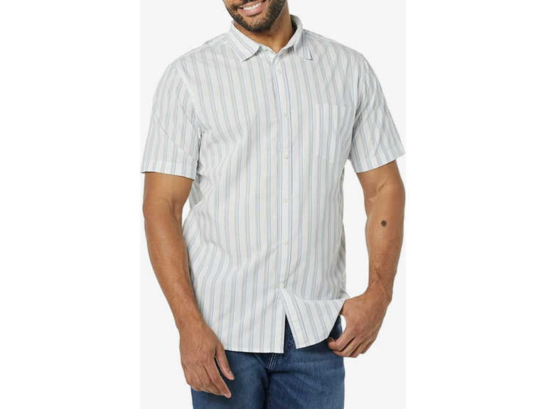 Amazon Essentials Men's Slim-Fit Short-Sleeve Poplin Shirt, Blue Grey White Stripe, Medium