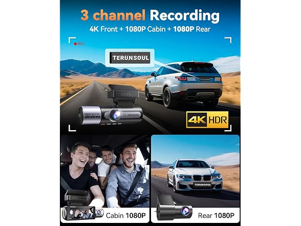 TERUNSOUI 4K+4K+1080P 3-Channel Dash Cam