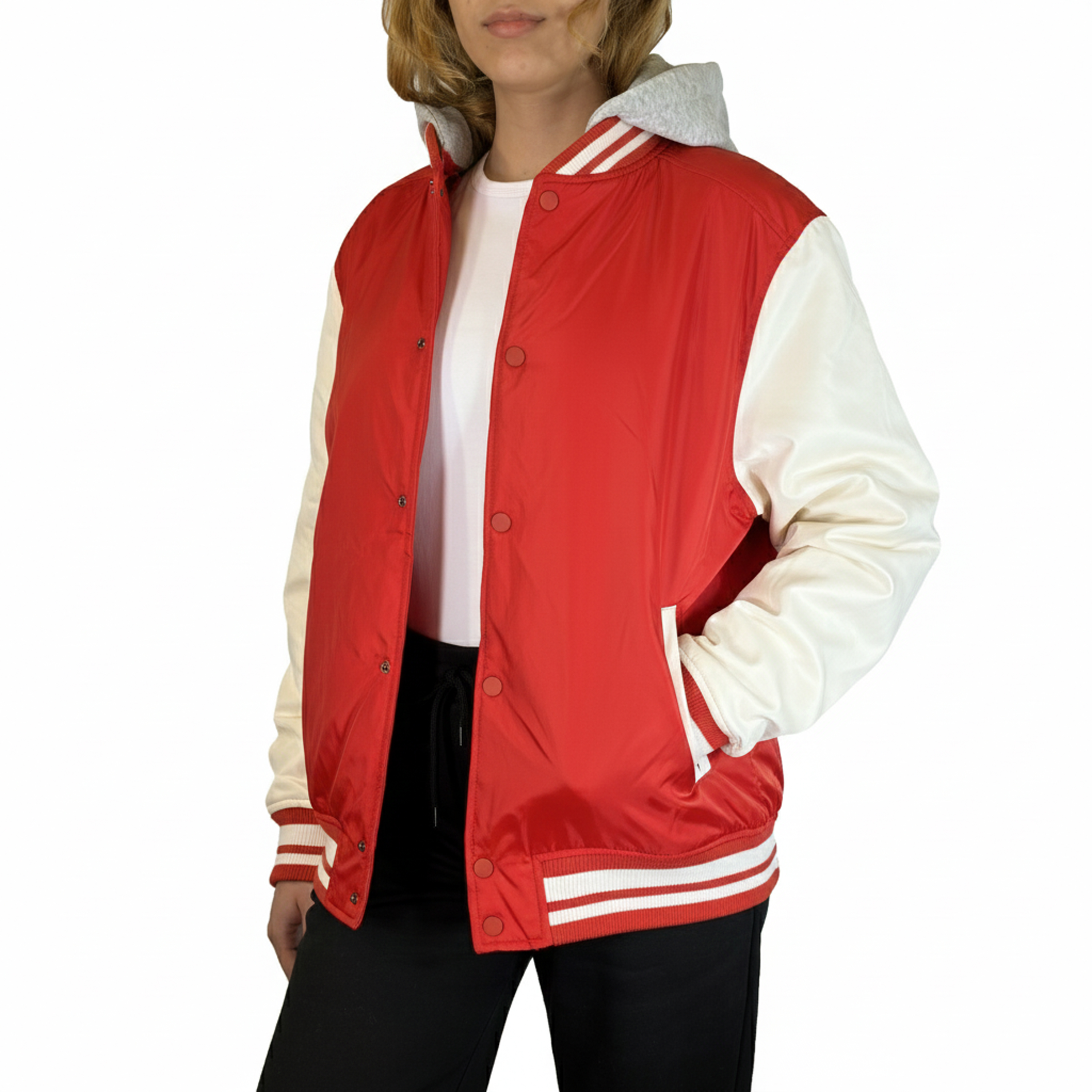 Womens Oversized Heavyweight Hooded Varsity Jacket - Gallery 33