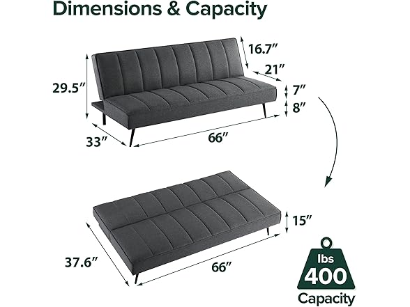 Zinus Quinn Convertible Sofa Bed, 2 in 1