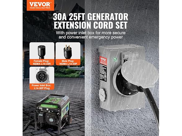 30 Amp Generator Cord and Power Inlet Box Kit