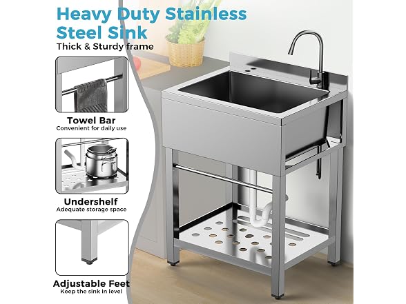 Stainless Steel Utility Sink Freestanding Single Bowl Garage Sink 25 Inch (Open Box)