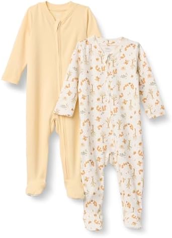 Amazon Essentials x Sofia Grainge Unisex Babies' Cotton Footed Sleep and Play One-piece Bodysuit, Pack of 2, Pale Yellow/Squirrel Picnic, 0-3 Months