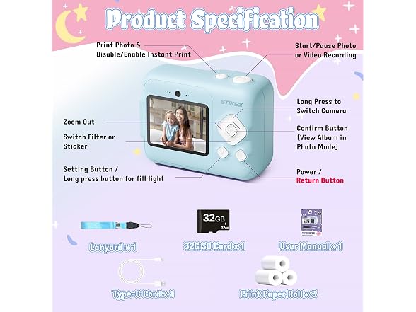 ETIKEZ Kids Camera, 1080P Instant Print