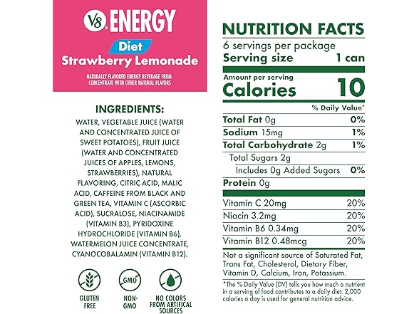 6PK V8 Energy Diet Strawberry Lemonade Juice