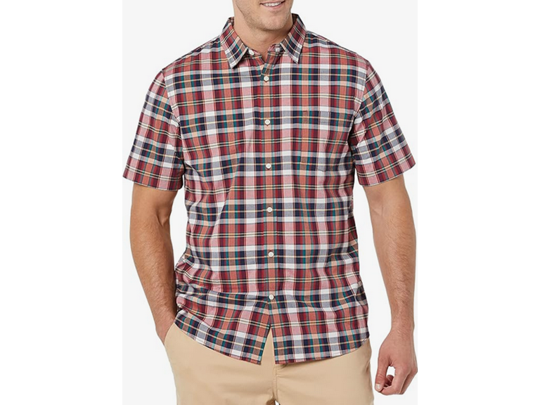 Amazon Essentials Men's Slim-Fit Short-Sleeve Poplin Shirt, Navy Red White Plaid, Medium