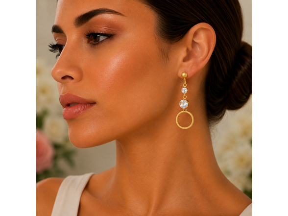 18K Gold CZ Circle Drop Earrings