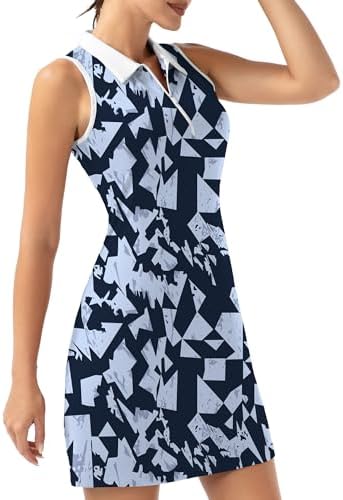FKEEP Women's Golf Tennis Dress Sport Activewear Zipper V-Neck with Shorts and Pocket Workout Athletic (Black Squares, M)
