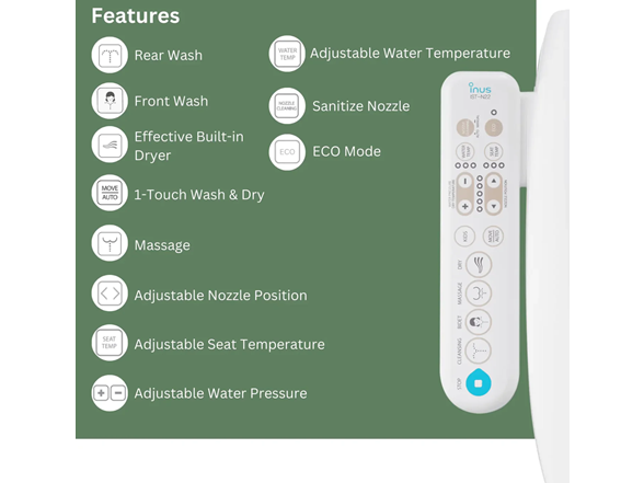 Inus N22 Electronic Bidet Heated Seat & Dryer, Elongated