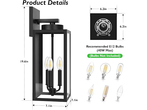 BesLowe 19” Large Outdoor Wall Light, 3-Light Exterior Porch Sconce, Black