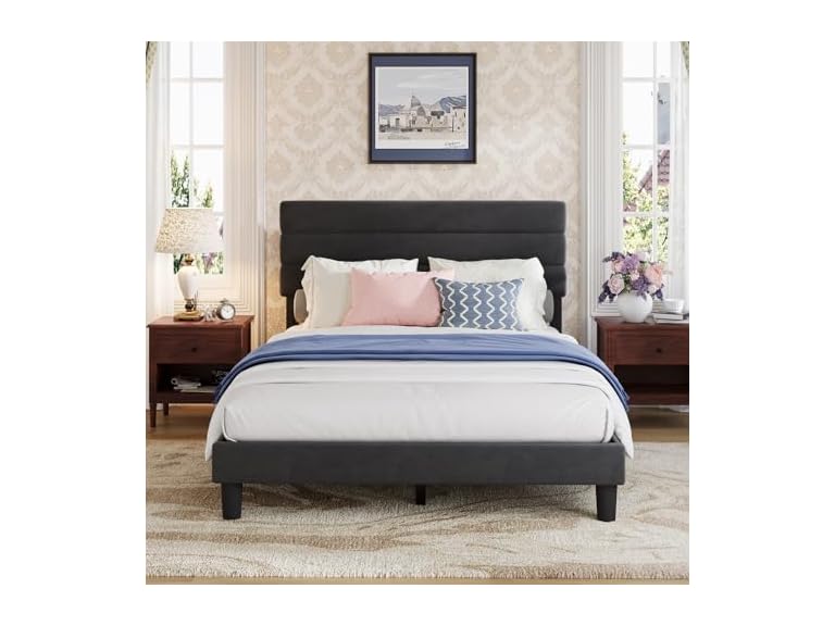 Avenco Full Size Bed Frame, Upholstered, Black Velvet