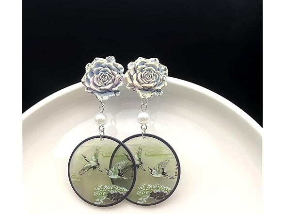 Rose with Crane-Flying Pendant Earrings