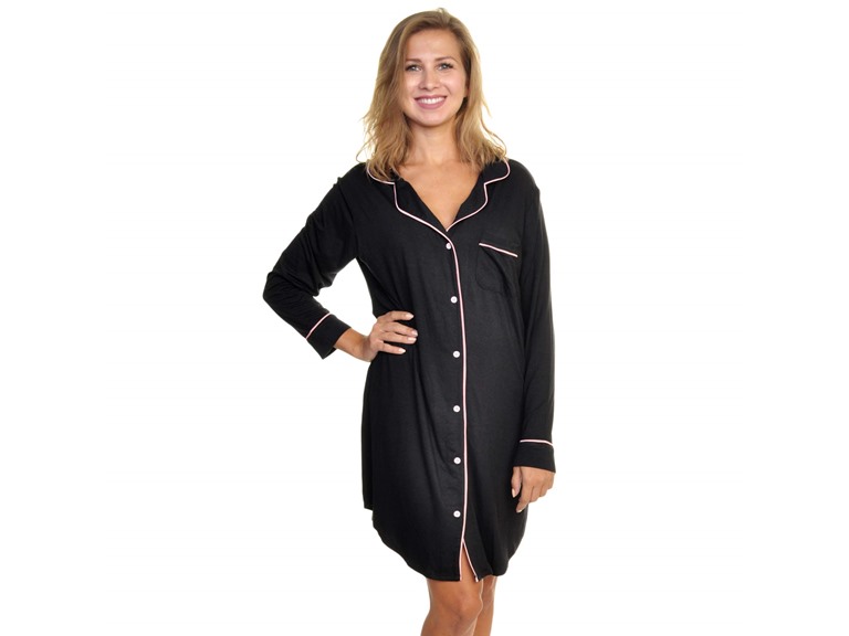 Angelina MDRE_BLK_1_XS-S XS-S Women's Modal Button Down Sleep Shirt Dress Pajama Black