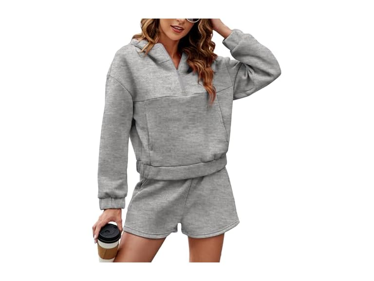 FKEEP Womens 2 Piece Sweatsuit Outfits Half Zip Hoodie Sweat with Shorts Pockets Lounge Winter Tracksuit Wear Matching Set