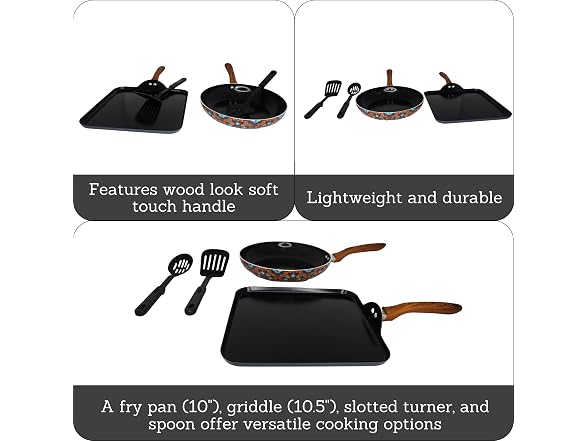 IMUSA Talavera Aluminum Black Ceramic Value Fry Pan & Square Griddle Set