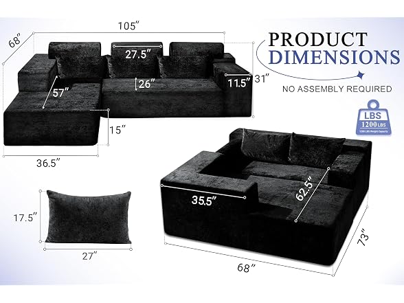 HABUTWAY 105" Velvet L-Shape Sectional