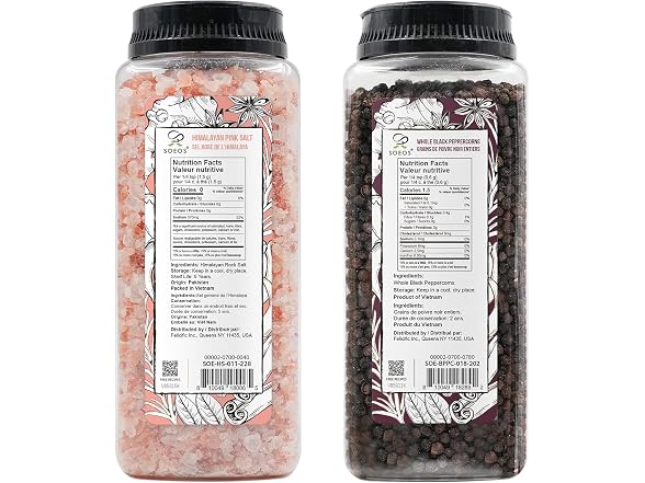 Soeos Himalayan Pink Salt 39 oz + Whole Black Pepper 18 oz