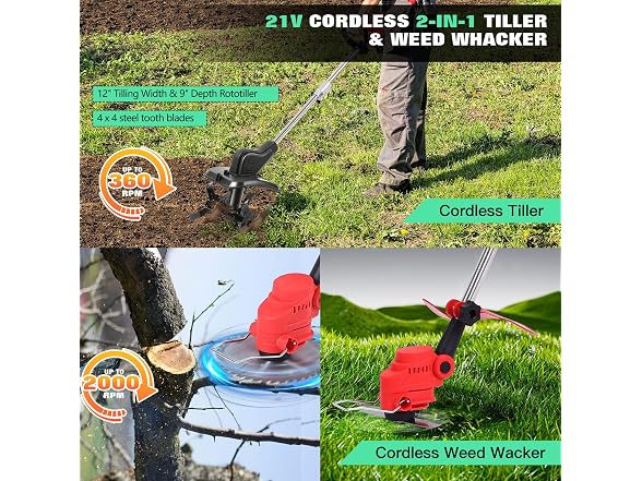 Opuliv Cordless 2-in-1 Tiller & Weed Whacker