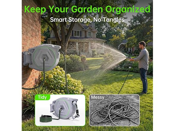 Retractable Garden Hose Reel 5/8 in x 100 ft, Heavy Duty Wall Mounted Water Hose Reel with 9-Pattern Nozzle, Any Length Lock, Automatic Slow Return System, 180° Swivel Bracket, UV Resistant (Open Box)