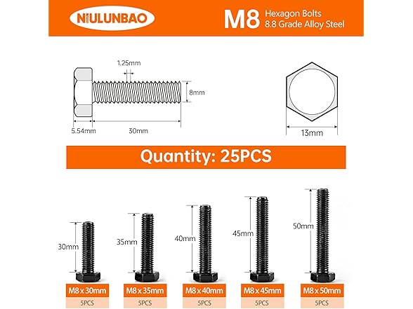 M8 Hex Bolts 30-50mm Grade 8
