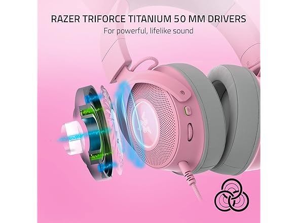 Razer Kraken Kitty V2 Pro Wired RGB Headset: Interchangeable Ears (Kitty, Bear, Bunny) - Stream Reactive Lighting - Detachable HyperClear Cardioid Mic - 50mm Drivers - 7.1 Surround Sound - Quartz Pink (Open Box)