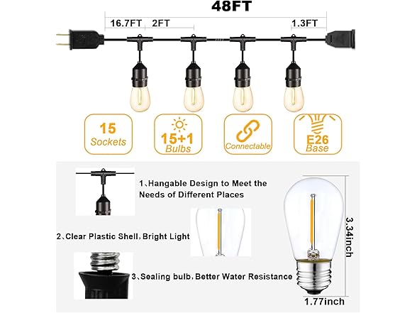 ShineU ShineU 48FT LED String Lights, 2200K S1