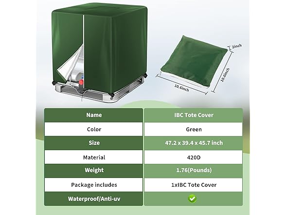 Green Zipper IBC Tote Cover, 275 Gallon