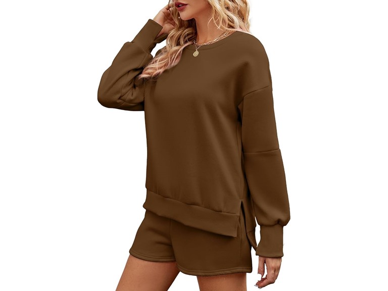 FKEEP Women 2 Piece Outfits Sweatsuit Sweatshirt Fall Clothes for Womens Fashion Long Sleeve Tops Shorts Sweatshirts Girls Winter Clothes