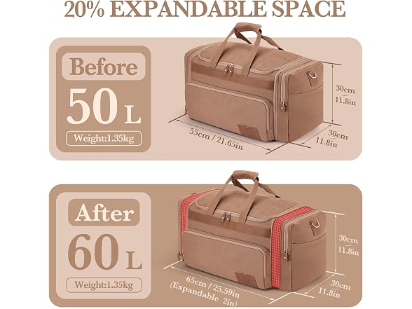 SHOWKOO Khaki 60L Duffle Bag