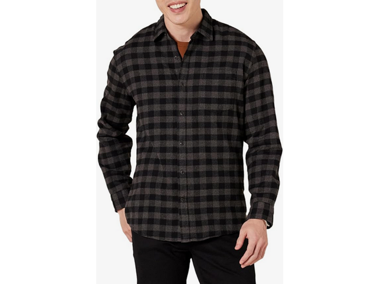 Amazon Essentials Men's Long-Sleeve Flannel Shirt (Available in Big & Tall), Charcoal Buffalo Plaid, Medium