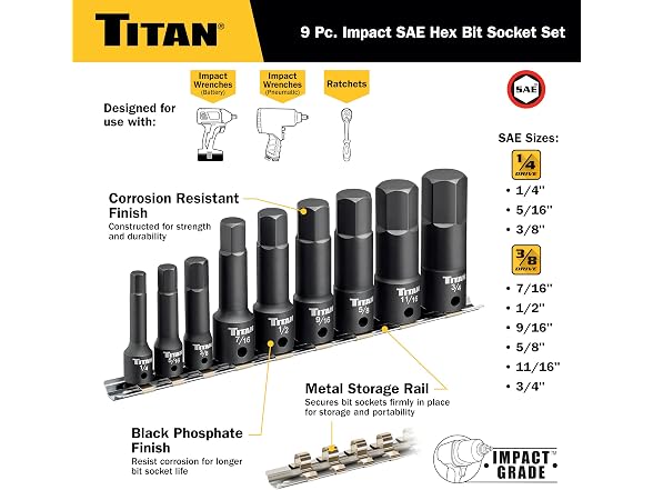 Titan 9-Piece Impact SAE Hex Bit Socket