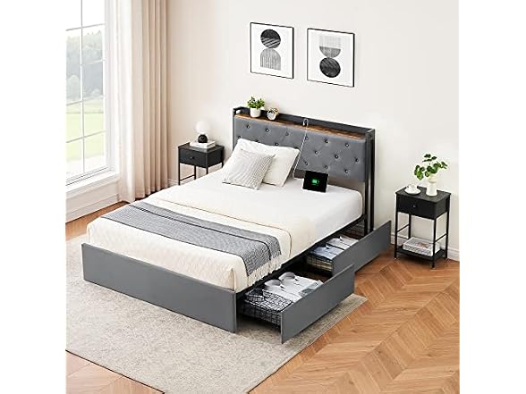 IDEALHOUSE Full Bed, 4 Drawers, Grey