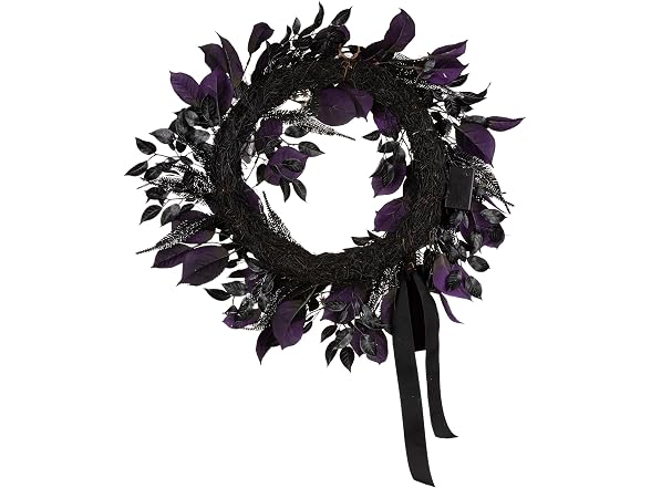 National Tree Company, 26inch Artificial Floral Mini Skull Wreath, 30 Purple LED Lights