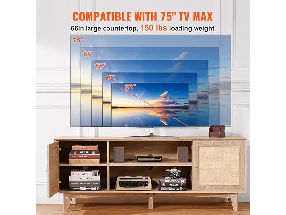 Rattan TV Stand, Mid Century Modern 75inch
