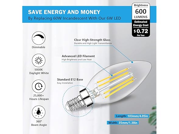 Dimmable E12 LED Candelabra Bulbs 60W Equivalent