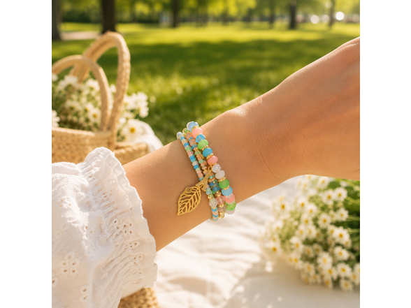 Stretch Beaded Bracelet Stack with Leaf Charm