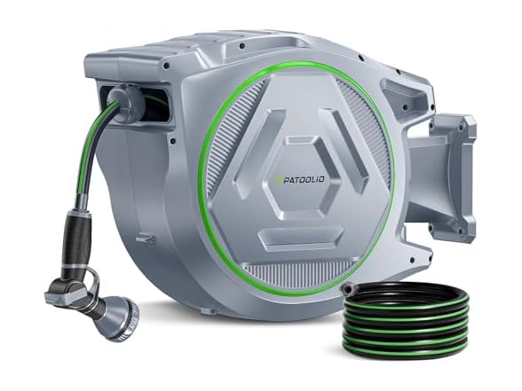 Retractable Garden Hose Reel 5/8 in x 100 ft, Heavy Duty Wall Mounted Water Hose Reel with 9-Pattern Nozzle, Any Length Lock, Automatic Slow Return System, 180° Swivel Bracket, UV Resistant (Open Box)