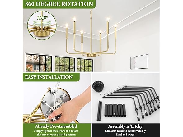 6-Light Gold Chandelier, Farmhouse E12 Candle Chandelier