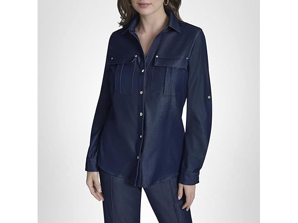 Halston Women (XS) Roll-tab Sleeve Denim-like Top