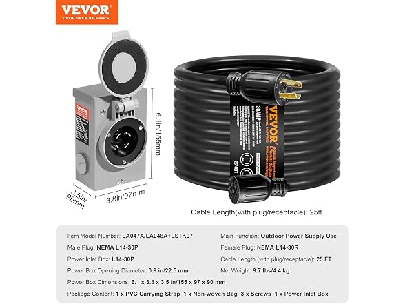 30 Amp Generator Cord and Power Inlet Box Kit