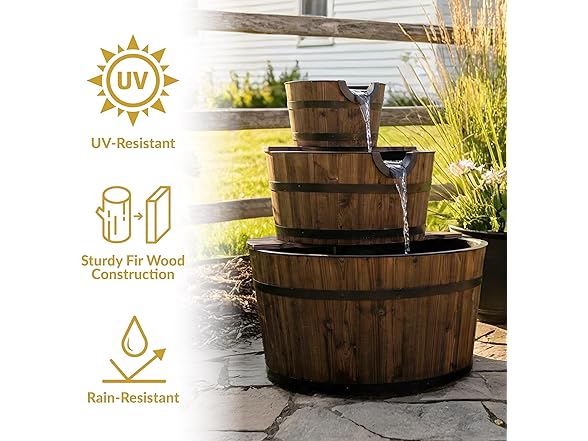 Sunnydaze 3-Tier Wood Barrel Water Fountain