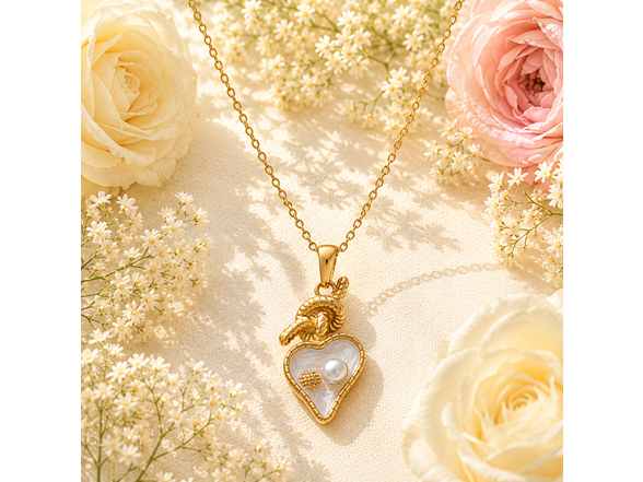 18K Gold Plated Heart Necklace - Mother of Pearl & Pearl Accent Pendant