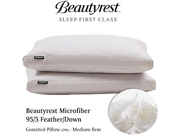 Beautyrest Microfiber Medium Firm Bed Pillows 2-Inch Gusset Feather Down Pillow-Jumbo Size(Set of 2 Pack) (Open Box)