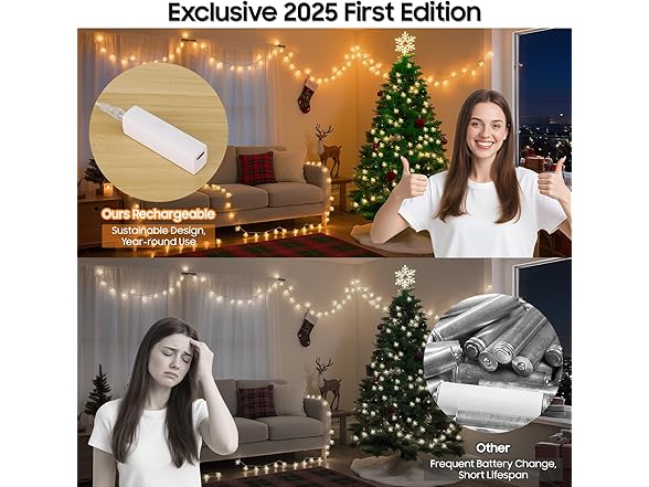 Snowflake Christmas Lights, 33FT 100 LED Recharge