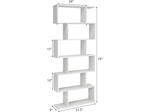 BETTARY 6-Tier S-Shaped Bookshelf White