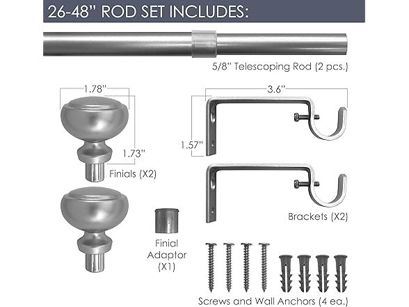 Decopolitan Fairbanks 26-48 Inch Curtain Rod, Pewter
