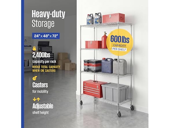 SafeRacks NSF 4-Tier Steel Wire Rack w/Wheels (24"x48"x72")